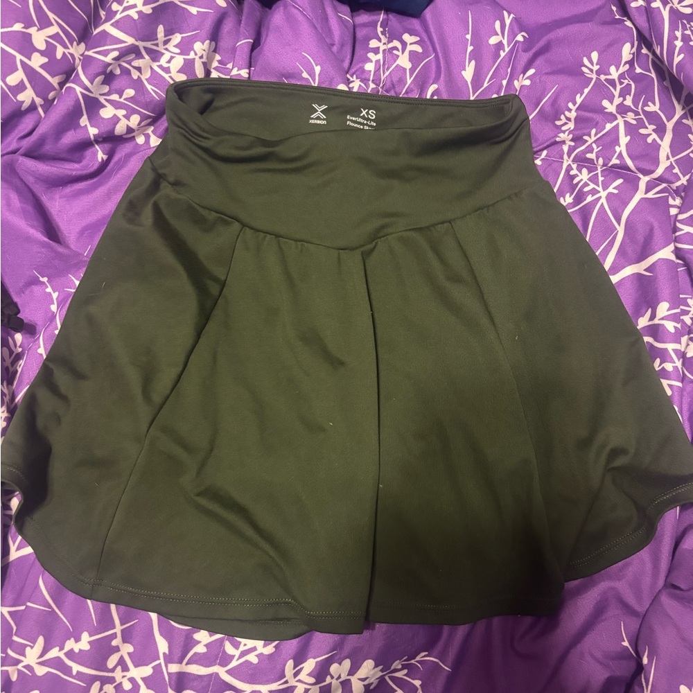 Green Athletic Flared Skirt with Wide Waistband, Built in Shorts with Pockets